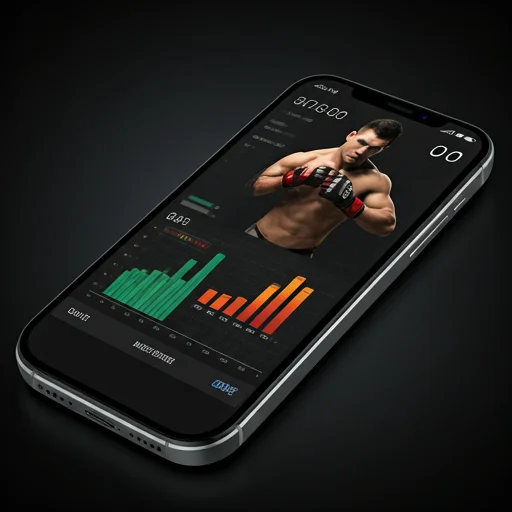 Close up high-end smartphone display showing advanced MMA fighter statistics and heatmaps on a dark interface